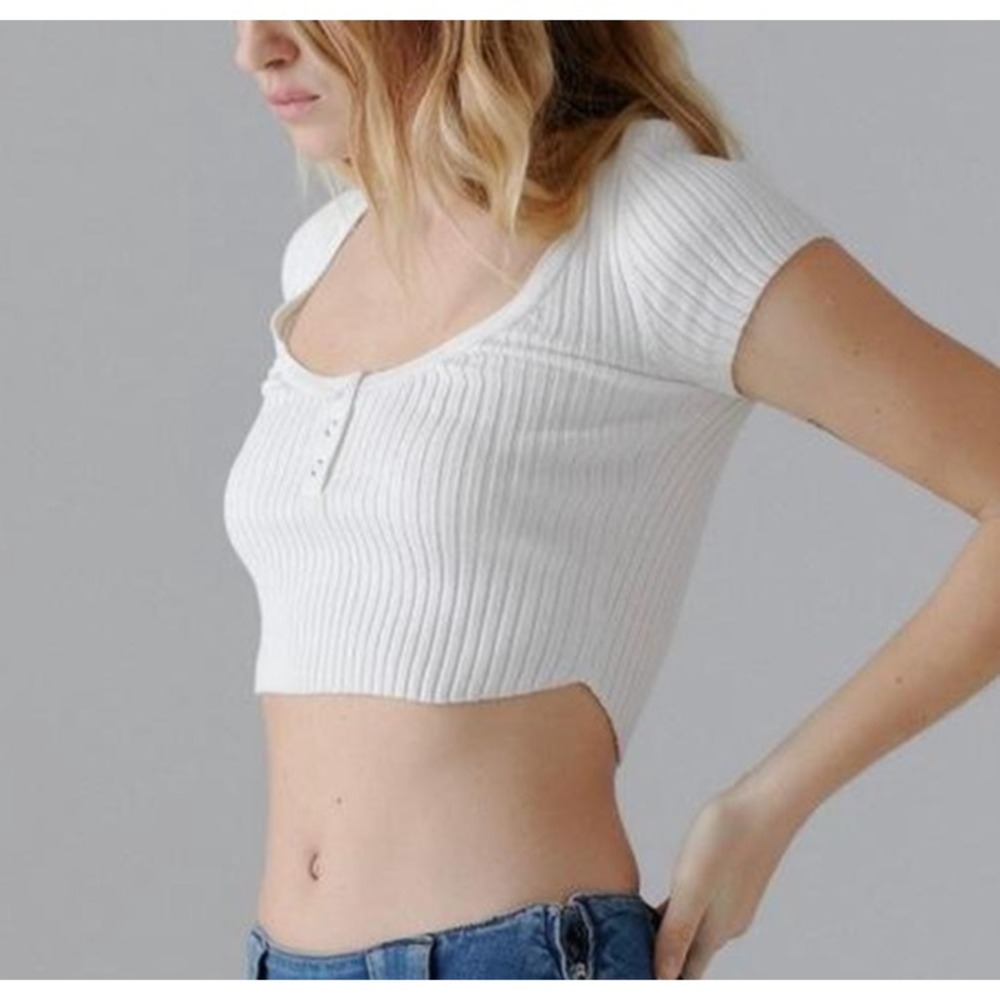Urban Outfitters BDG‎ Emery Henley Sweater Top Size S White Ribbed Cropped